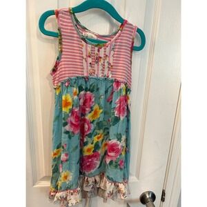 Pink Vanilla Dress Pink Blue Floral Striped Mixed Media Ruffle Boho Summer